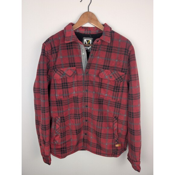 Voyager Jacket Men's Medium Red and Black Plaid Sherpa Fleece Snap Button Up - Picture 1 of 16
